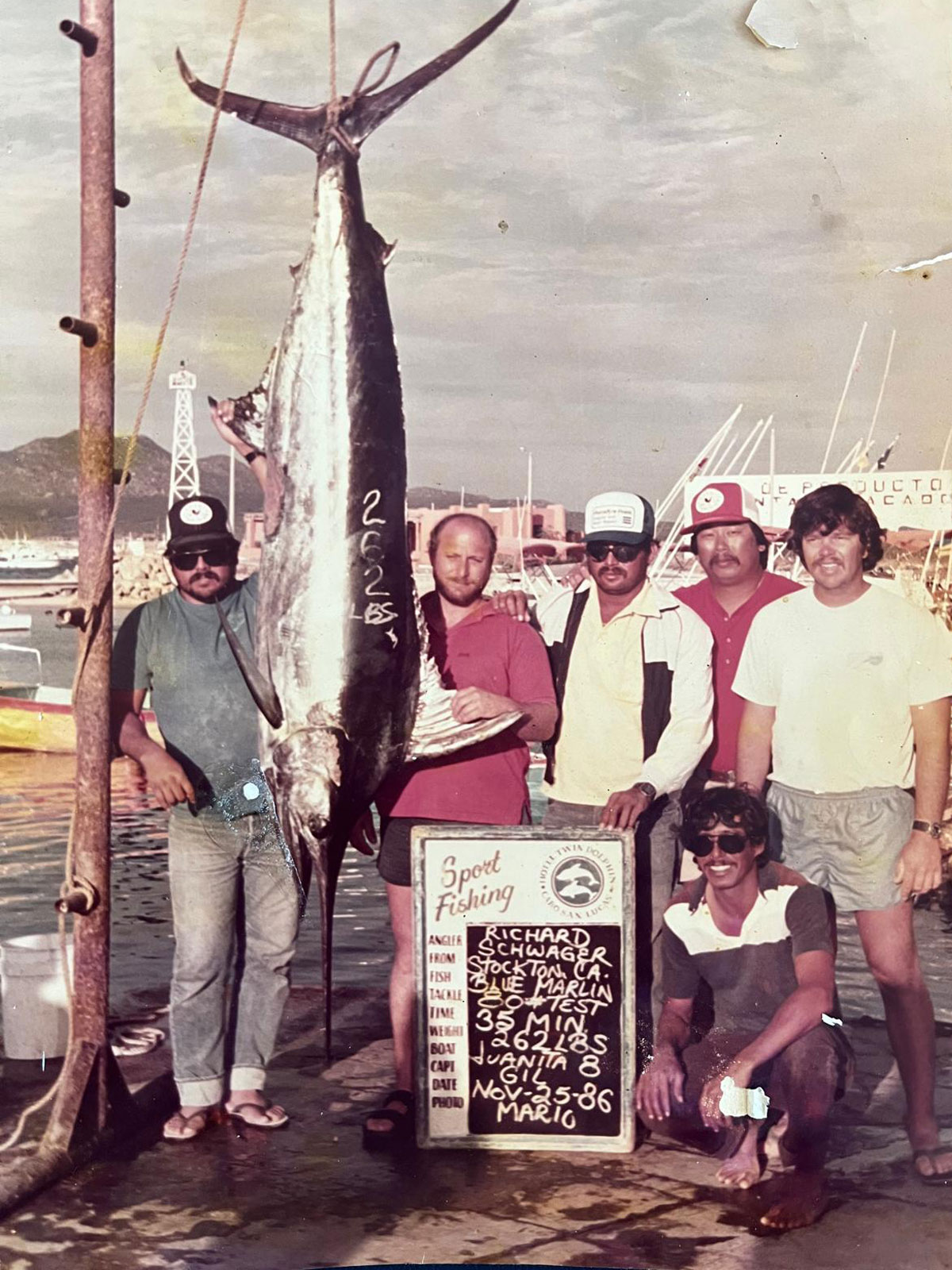 With a 262-pound Blue Marlin caught in 35 minutes while trolling. ----